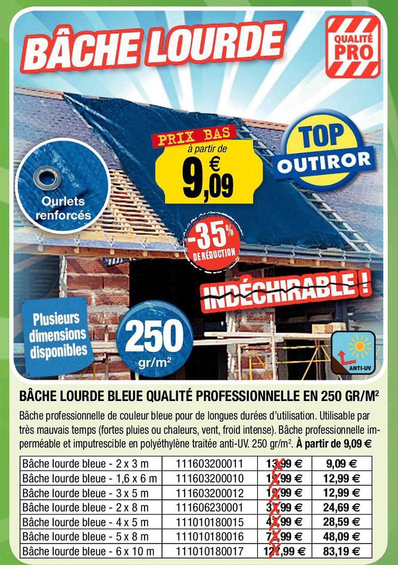 bâche lourde bleue qualité professionnelle en 250 gr/m²