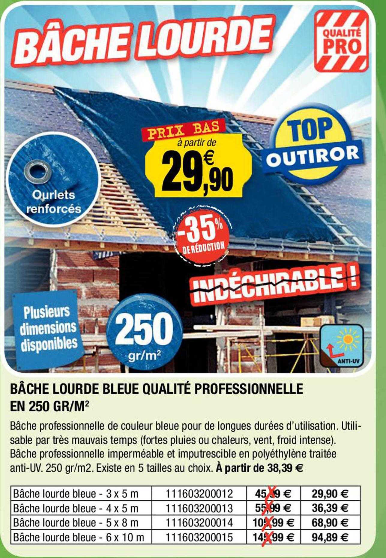 bâche lourde bleue qualité professionnelle en 250 gr/m²