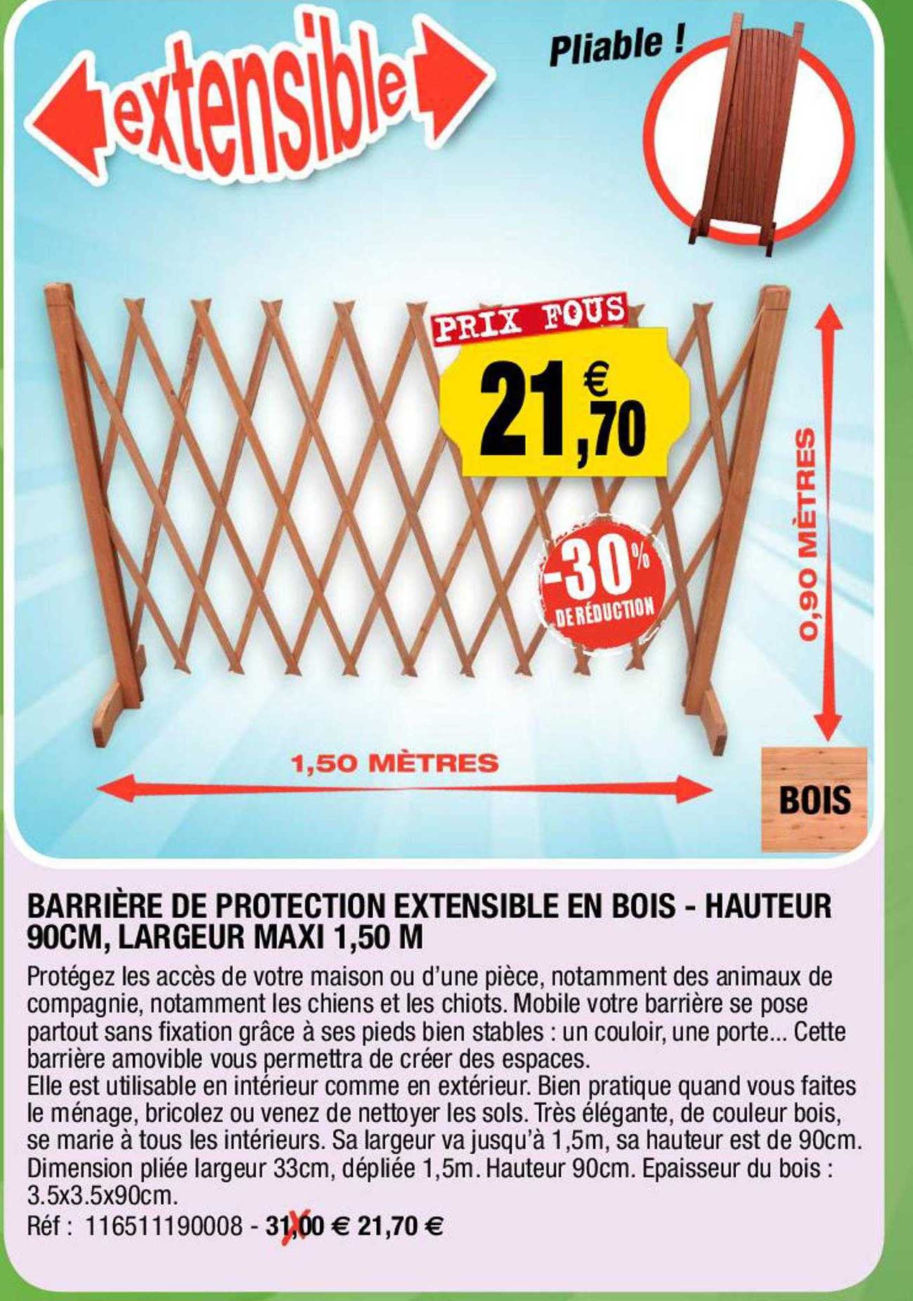 barrière de protection extensible en bois - hauteur 90 cm, largeur maxi 1,50 m