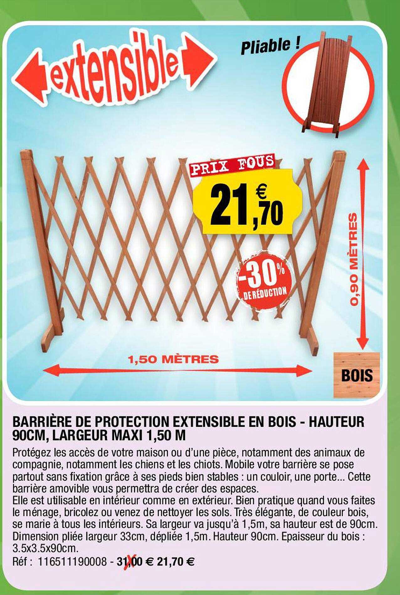 barrière de protetcion extensible en bois - hauteur 90 cm, largeur maxi 1,50 m