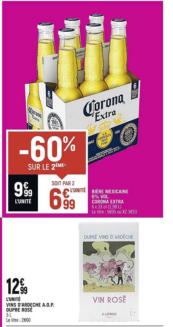 bière mexicaine 6% vol. corona extra, vins d'ardèche a.o.p. dupre rosé
