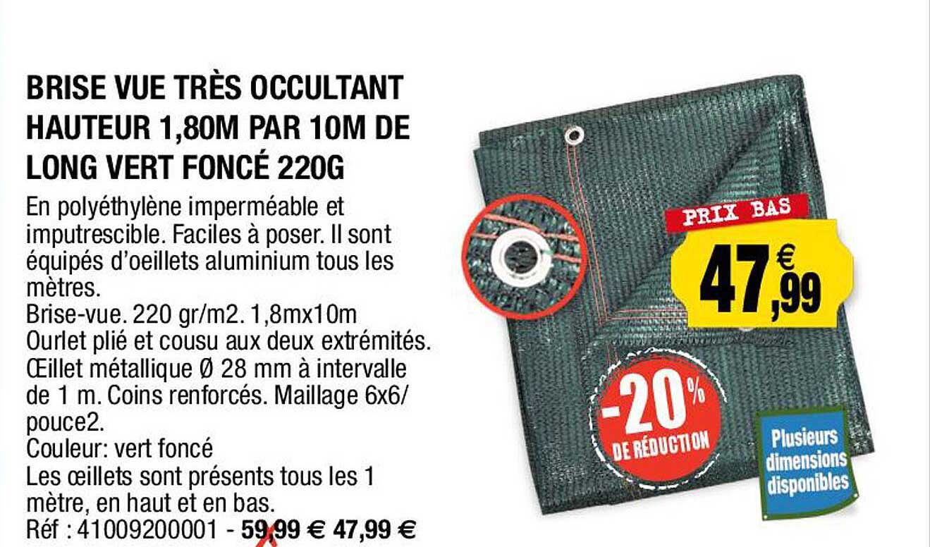 brise vue très occultant hauteur 1,80m par 10m de long vert foncé 220 g