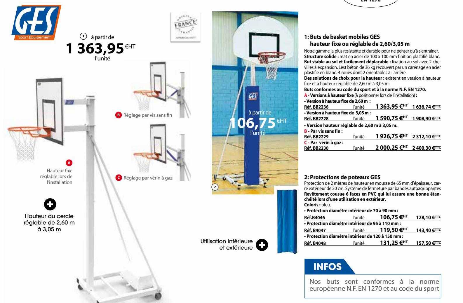 buts de basket mobiles ges hauteur fixe ou réglable de 2,60/3,05 m, protection de poteaux ges