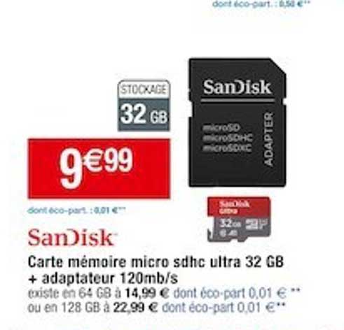 carte mémoire micro sdhc ultra 32 gb + adaptateur 120mb/s sanDisk