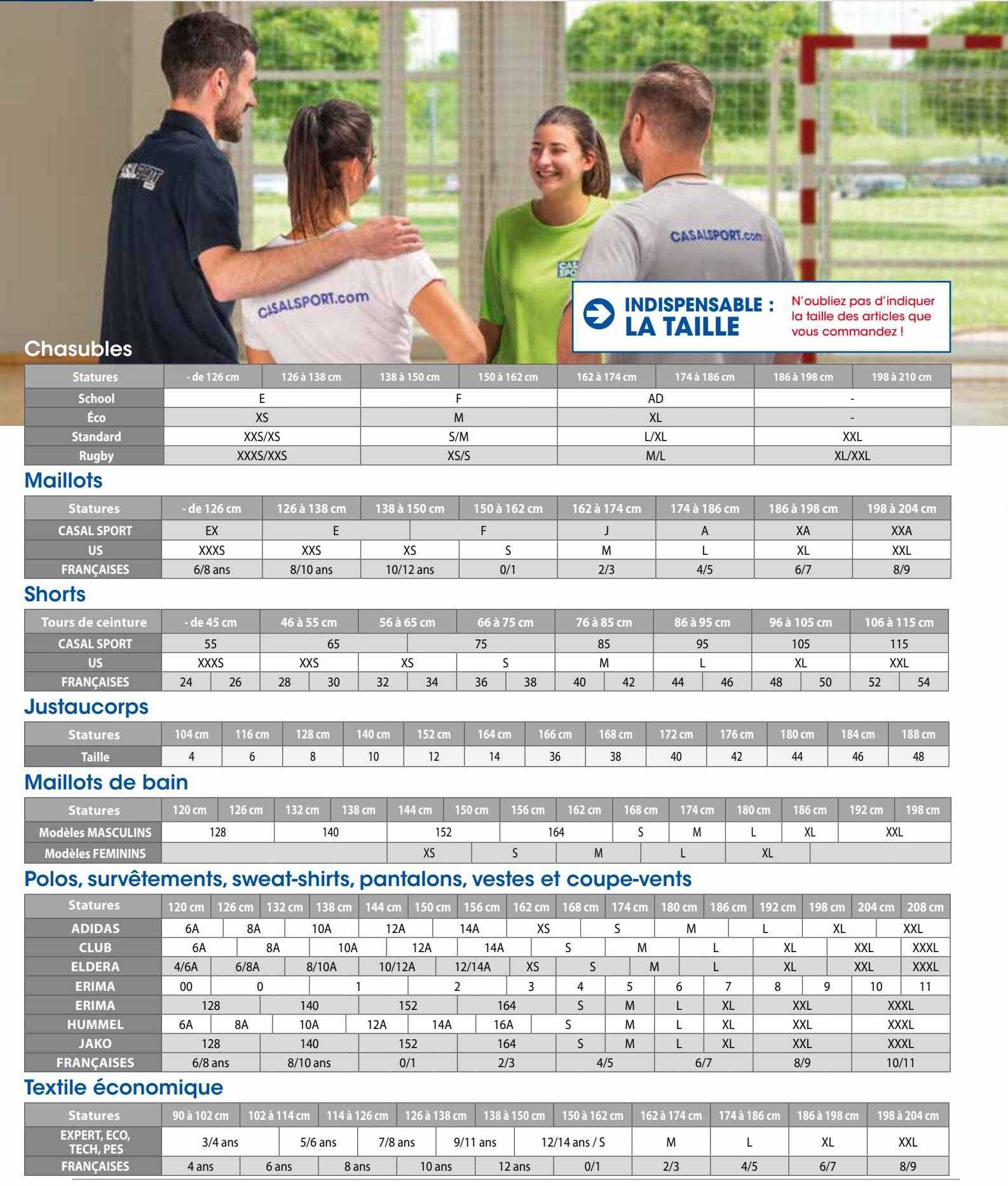 chasubles, maillots, shorts, justaucorps, maillots de bain, polos, survêtements, sweat-shirts, pantalons, vestes et coupe-vents, textile économique