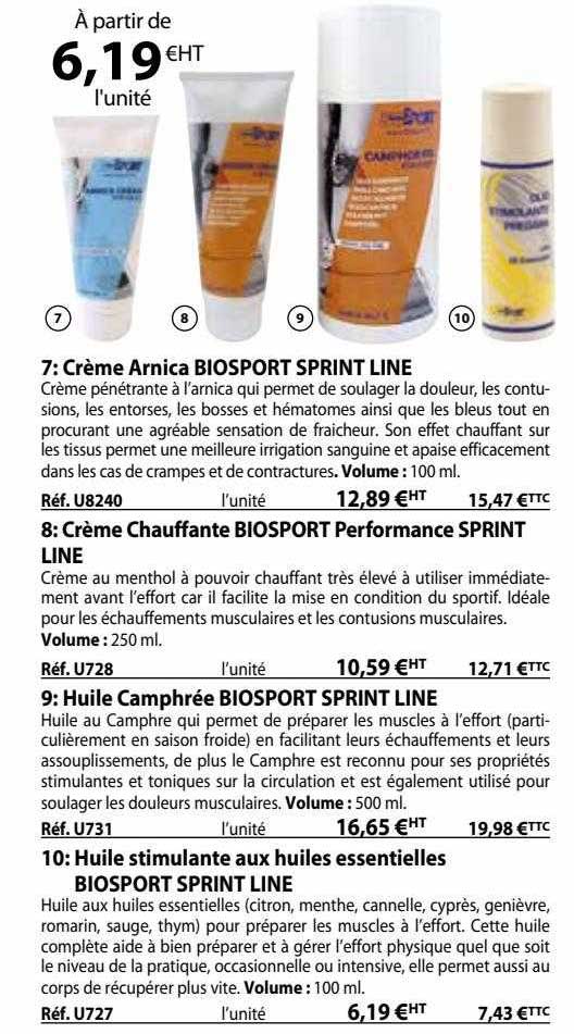 crème arnica biosport sprint line, crème chauffante biosport performance sprint line, huile camphrée biosport sprint line, huile stimulante aux huiles essentielles biosport sprint line