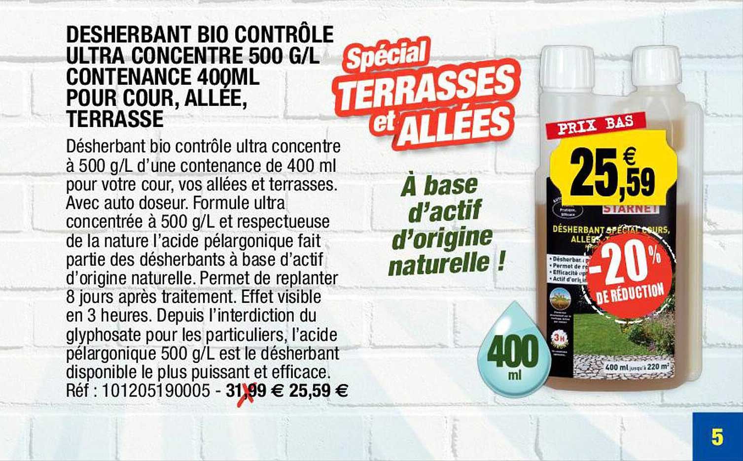 désherbant bio contrôle ultra concentré 500 g/l contenance 400ml pour cour, allée, terrasse