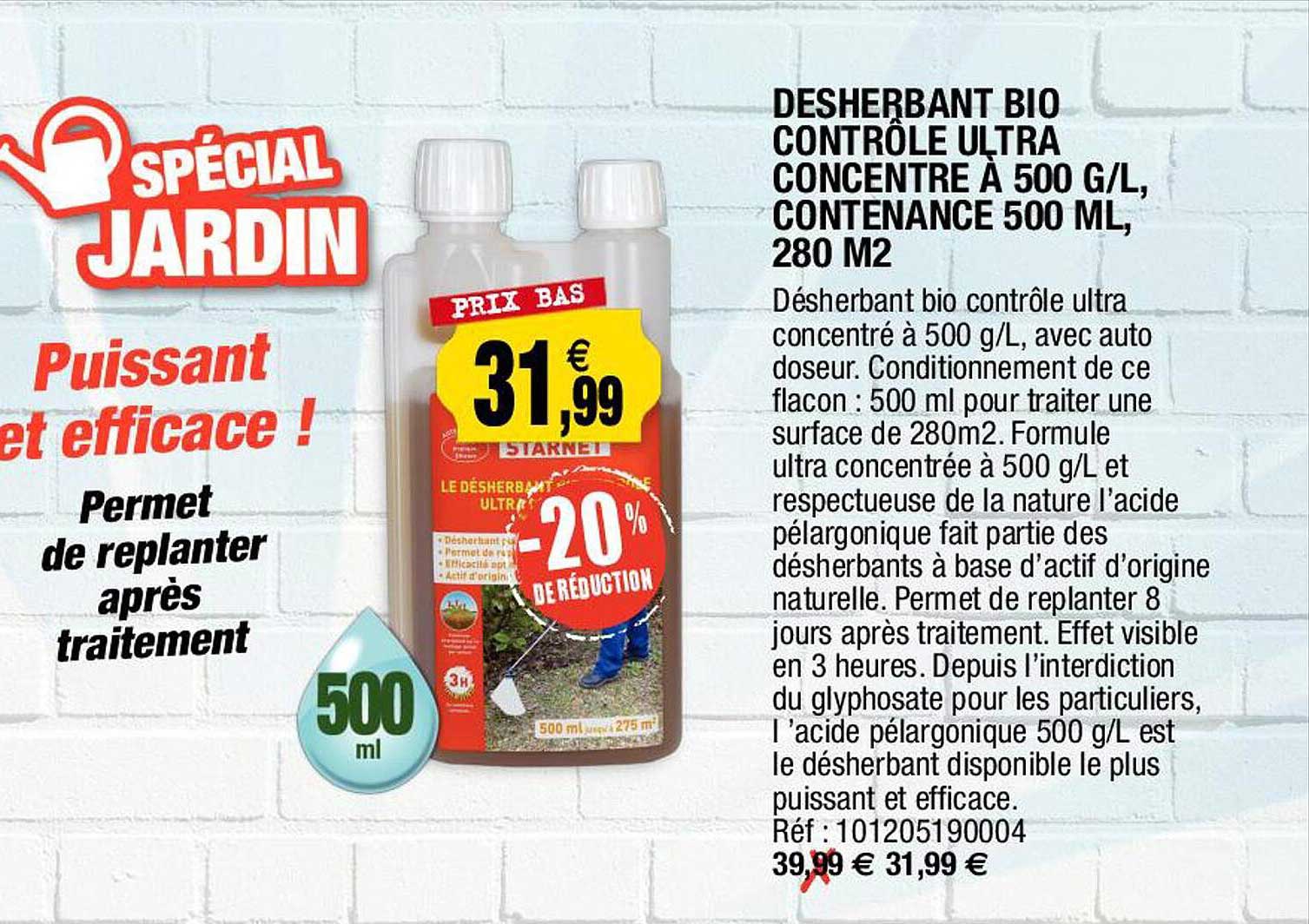 désherbant bio contrôle ultra concentré à 500 g/l, contenance 500ml, 280 m2