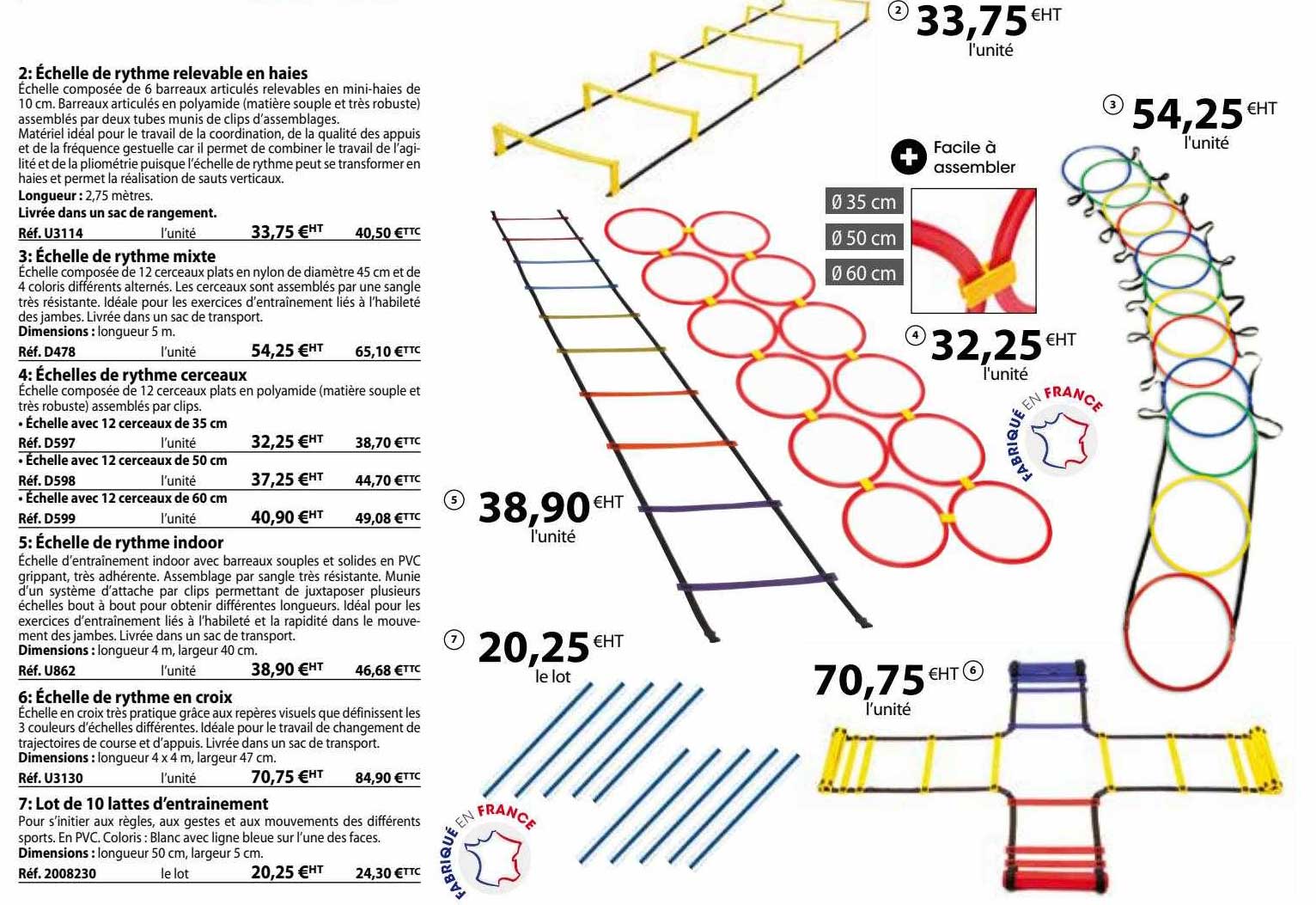échelle de rythme relevable en haies, échelle de rythme mixte, échelles de rythme cerceaux, échelle de rythme indoor, échelle de rythme en croix, lot de 10 lattes d'entraînement