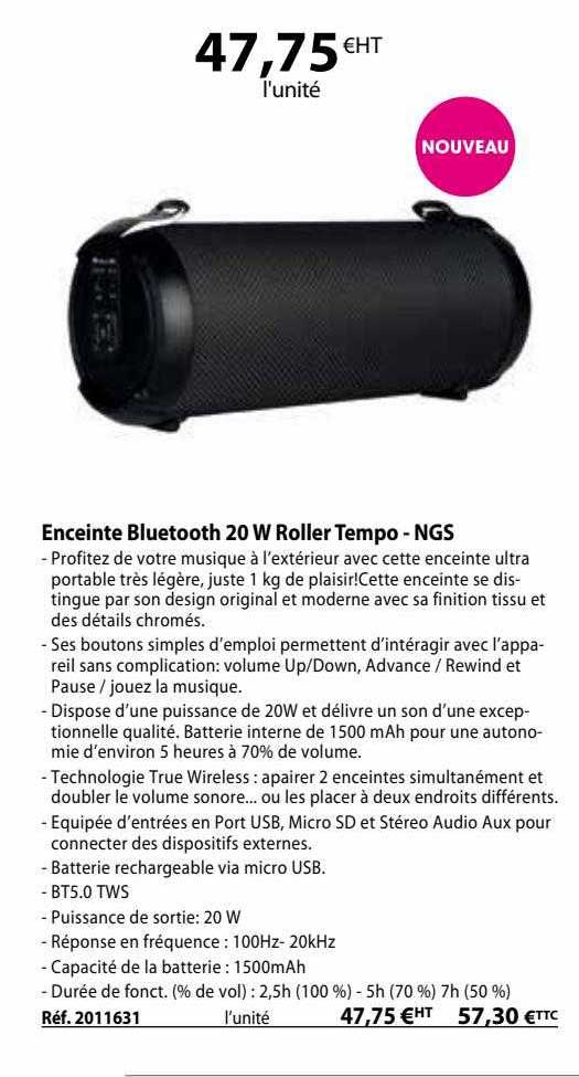 enceinte bluetooth 20w roller tempo - ngs