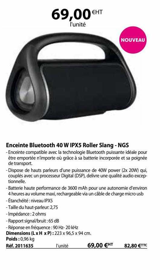 enceinte bluetooth 40w ipx5 roller slang - ngs