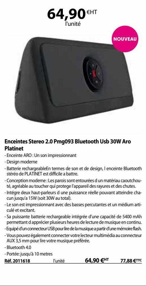enceintes stéréo 2.0 pmg 093 bluetooth usb 30w aro platinet