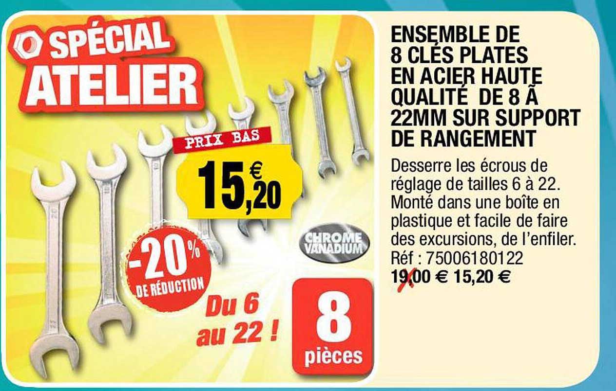 ensemble de 8 clés plates en acier haute qualité de 8 à 22mm sur support de rangement