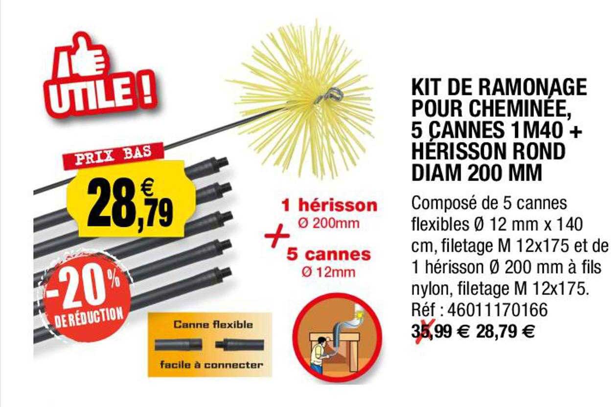 kit de ramonage pour cheminée, 5 cannes 1 m 40 + hérisson rond diam 200 mm