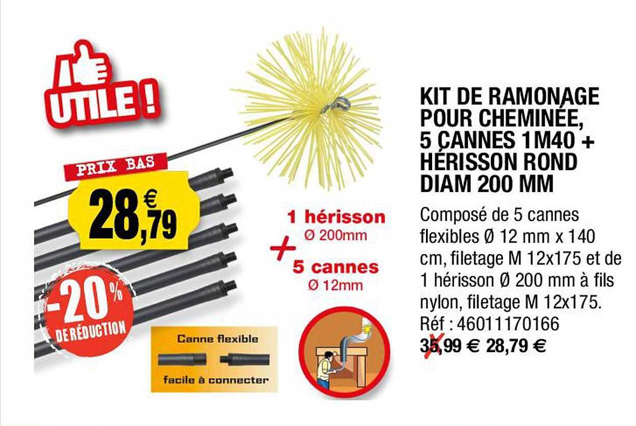 kit de ramonage pour cheminée, 5 cannes 1m40 + hérisson rond diam 200 mm