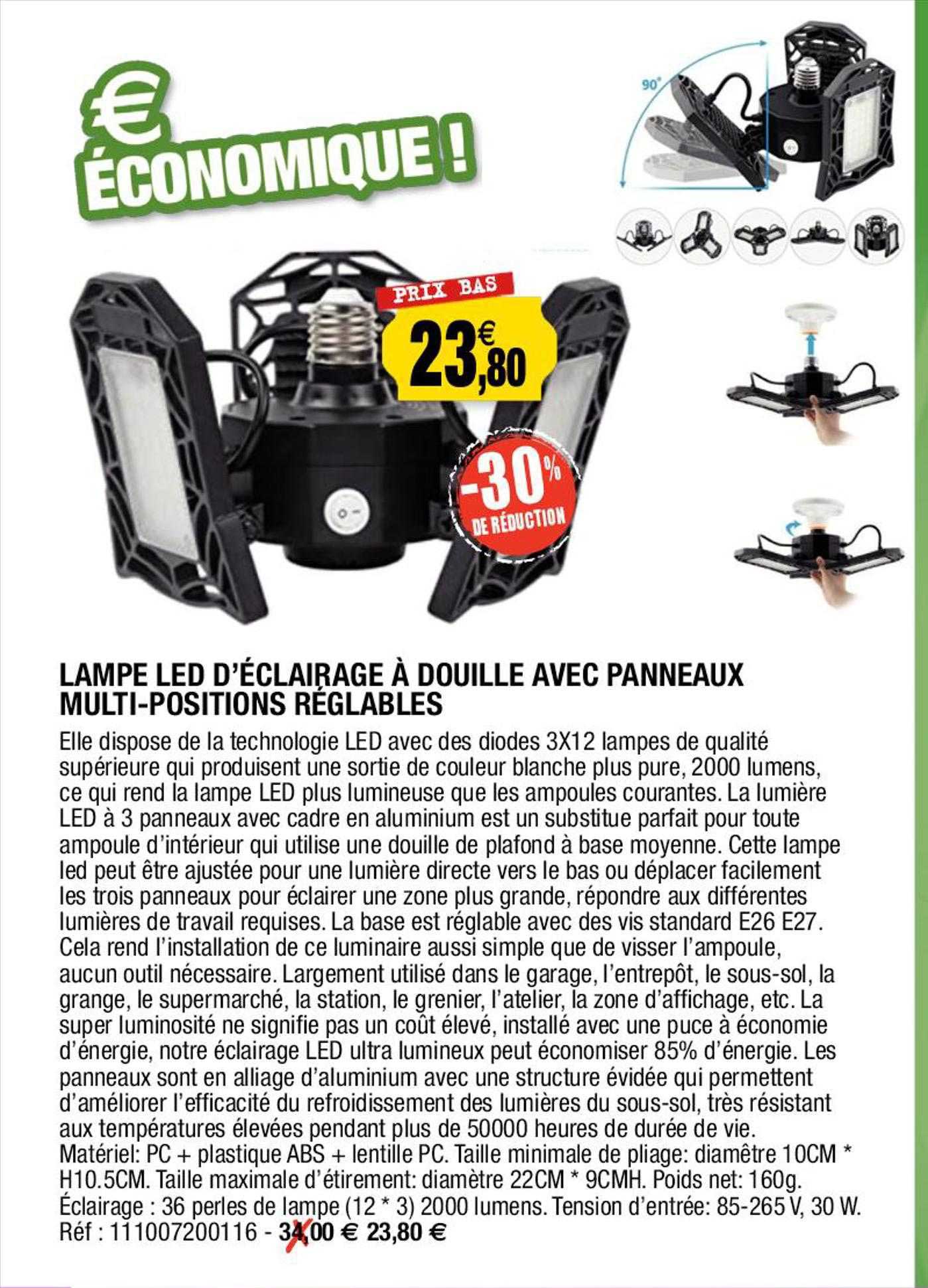 lampe led d'éclairage à douille avec panneaux multi-positions réglables