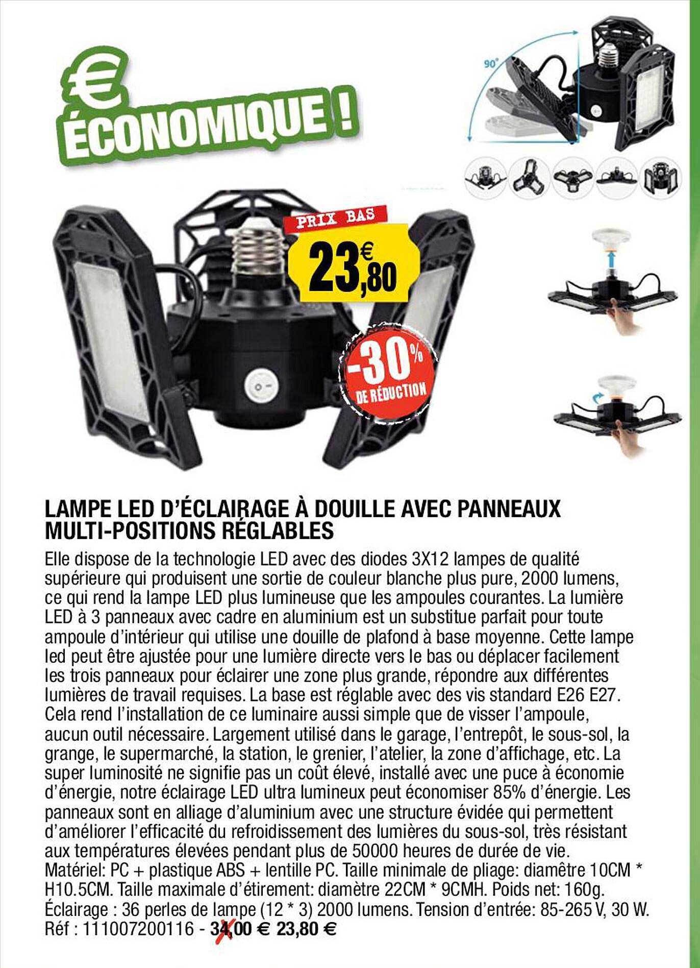 lampe led d'éclairage à douille avec panneaux multi-positions réglables