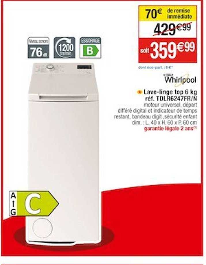 lave-linge top 6 kg whirlpool réf. tdlr6247fr/n