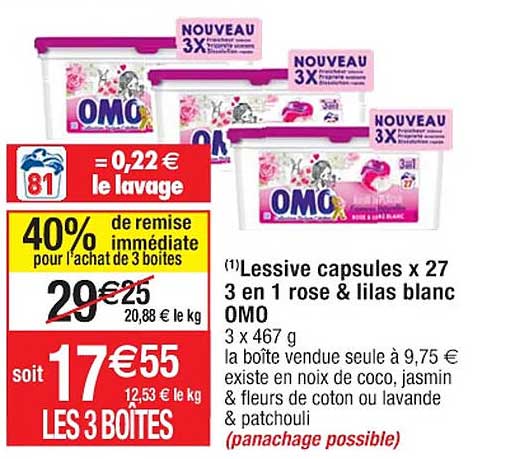 Lessive Capsules X27 3 En 1 Rose & Lilas Blanc Omo