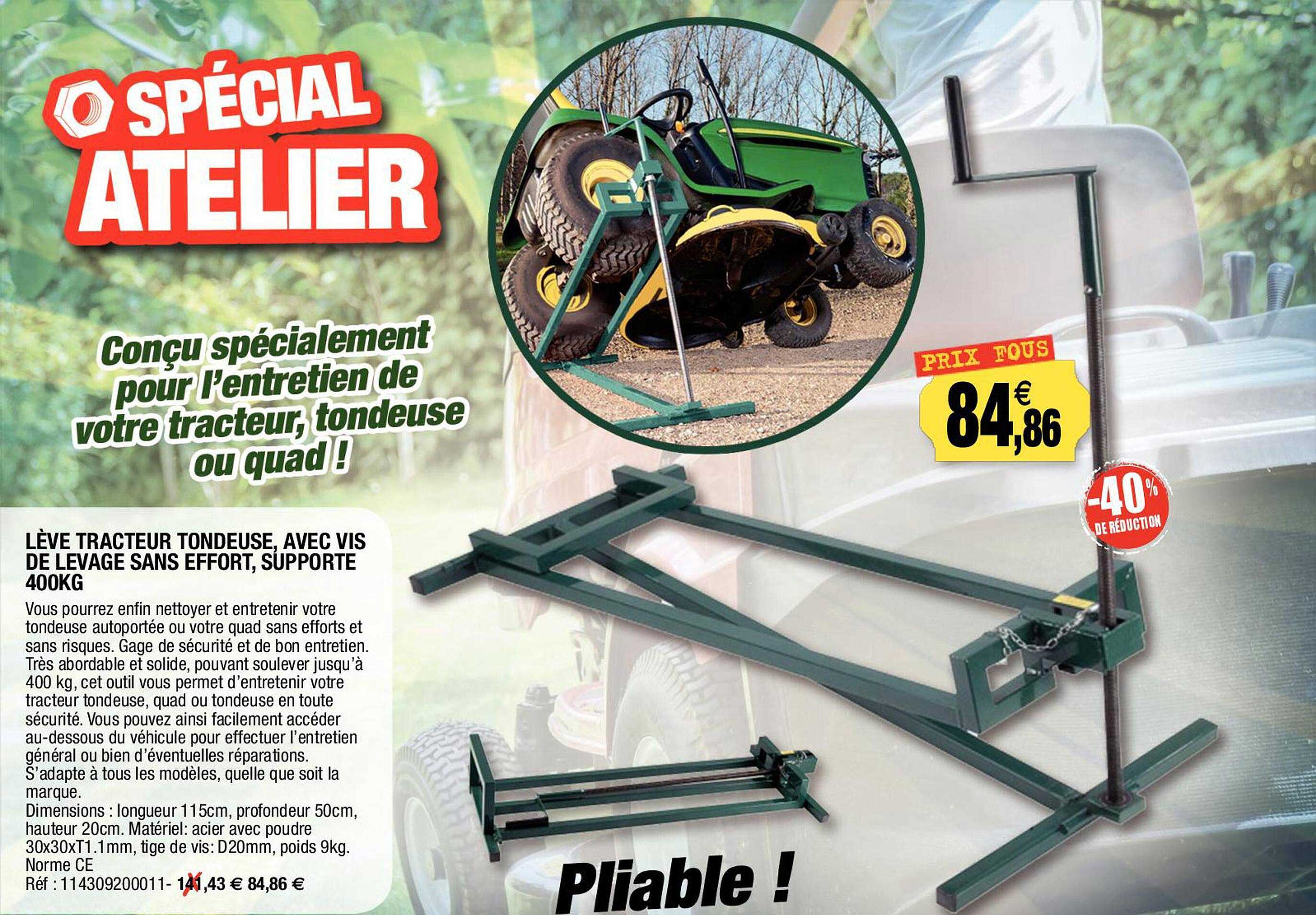 lève tracteur tondeuse, avec vis de levage sans effort, supporte 400 kg