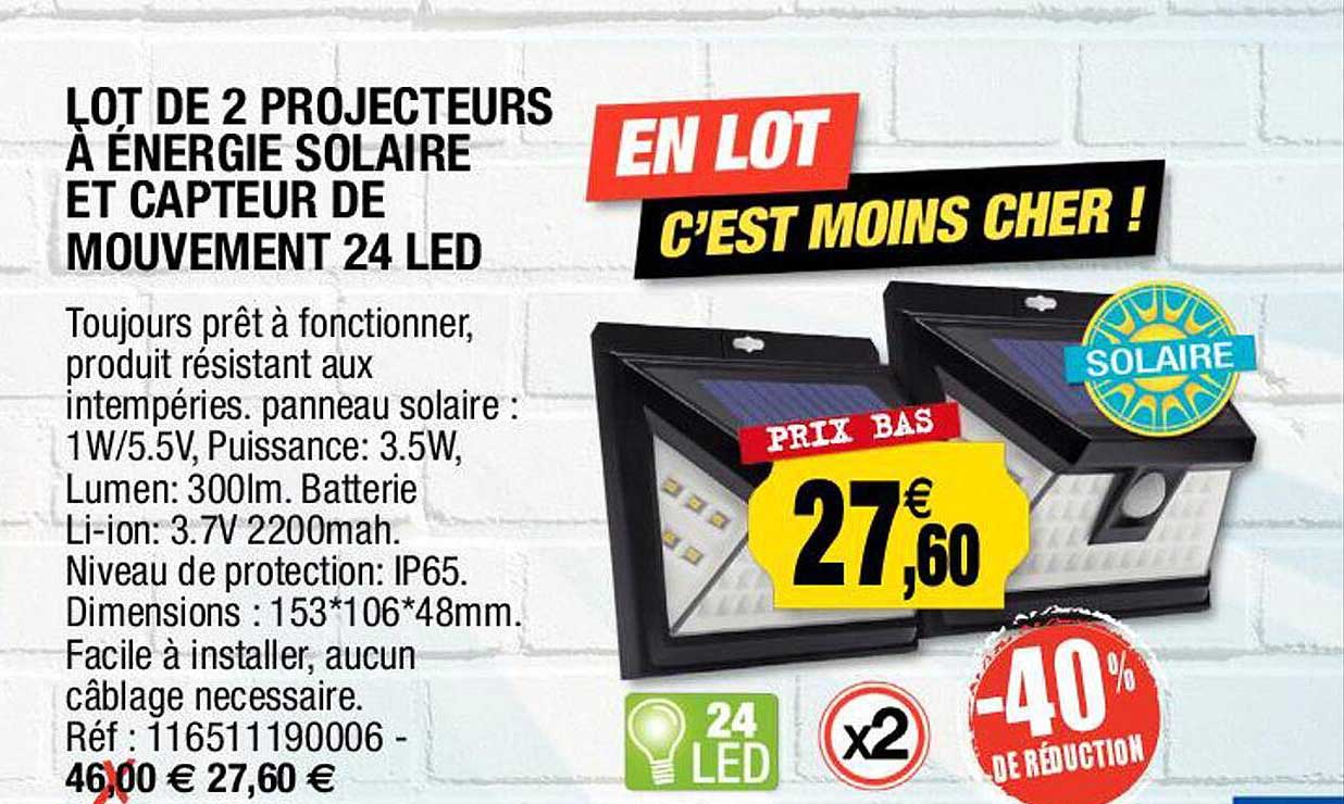 lot de 2 projecteurs à énergie solaire et capteur de mouvement 24 led
