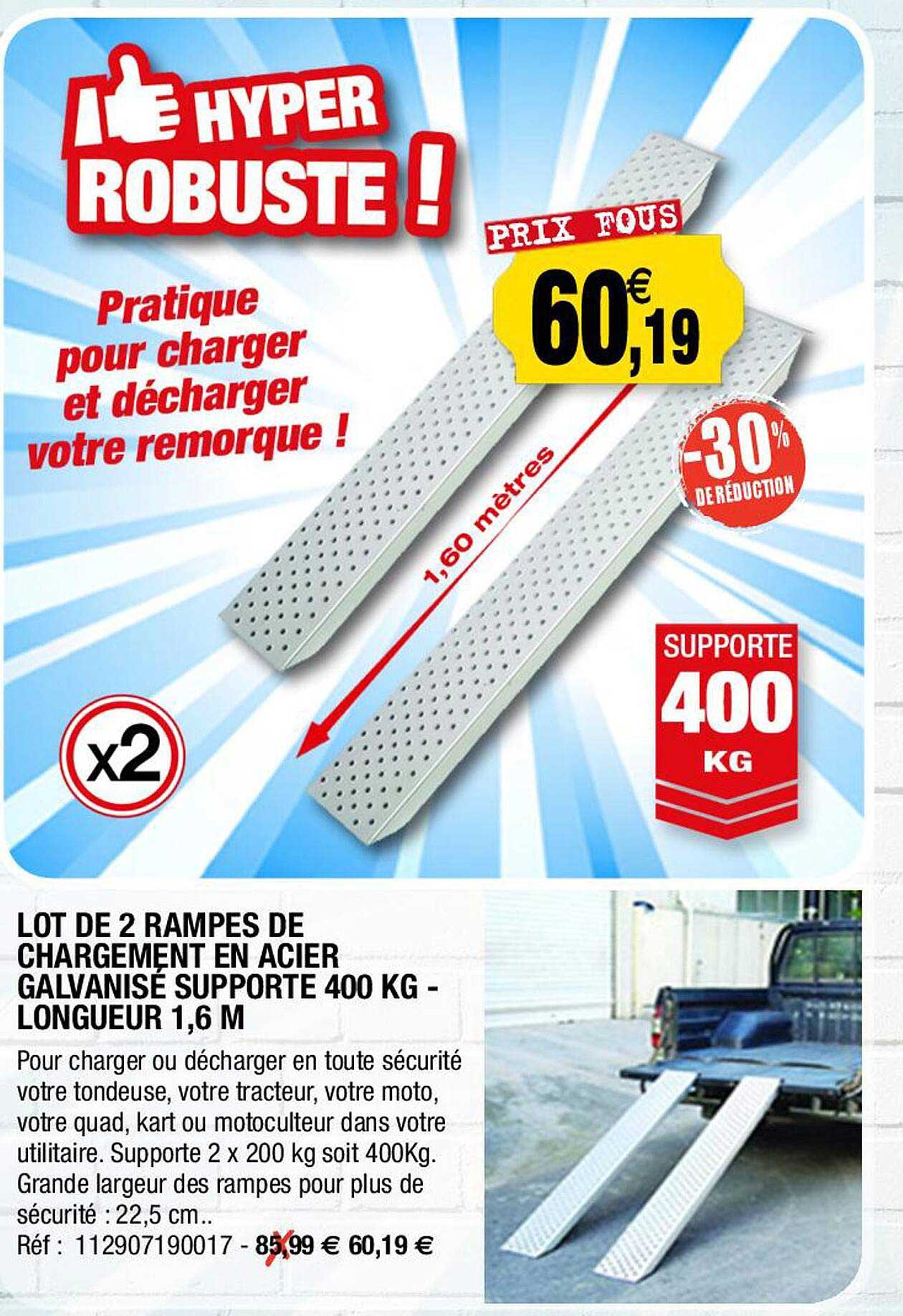 lot de 2 rampes de chargement en acier galvanisé supporte 400 kg - longueur 1,6 m