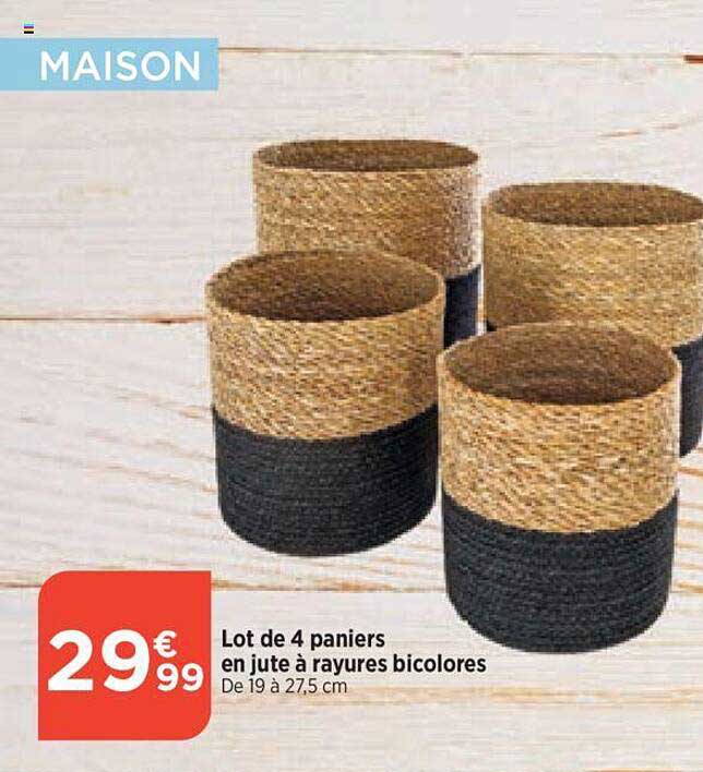 lot de 4 paniers en jute à rayures bicolores
