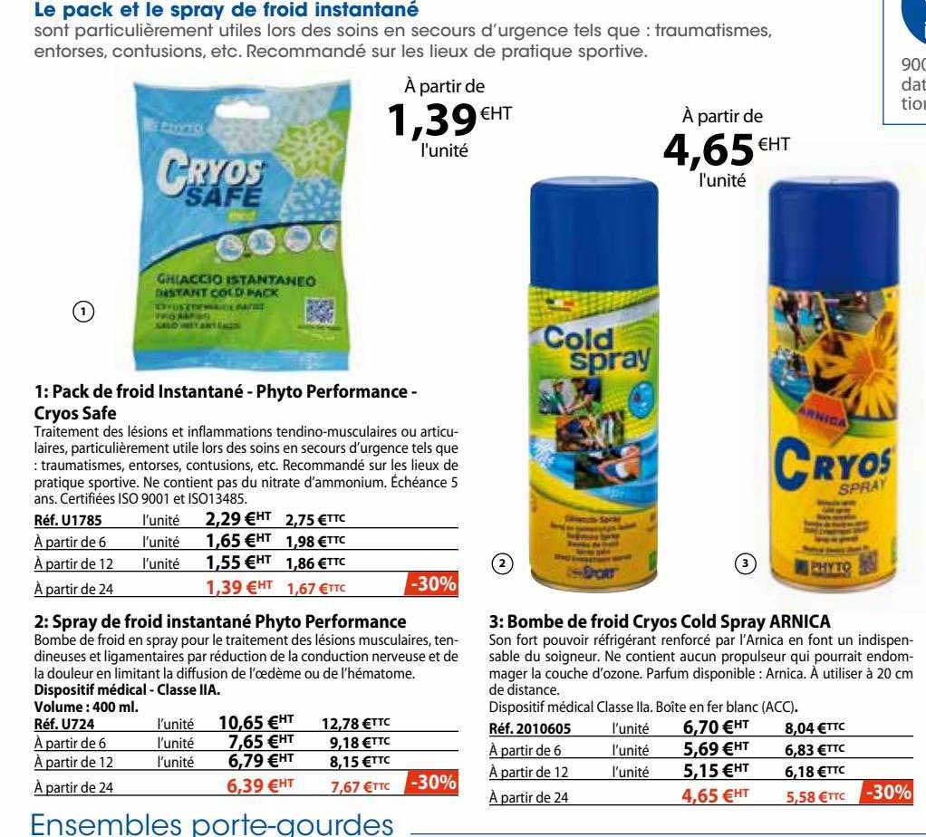 pack de froid instantané - phyto performance - cryos safe, spray de froid instantané phyto performance, bombe de froid cryos cold spray arnica