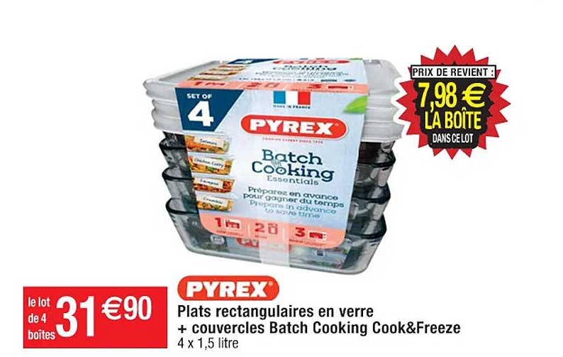 plats rectangulaires en verre + couvercles batch cooking cook&freeze pyrex