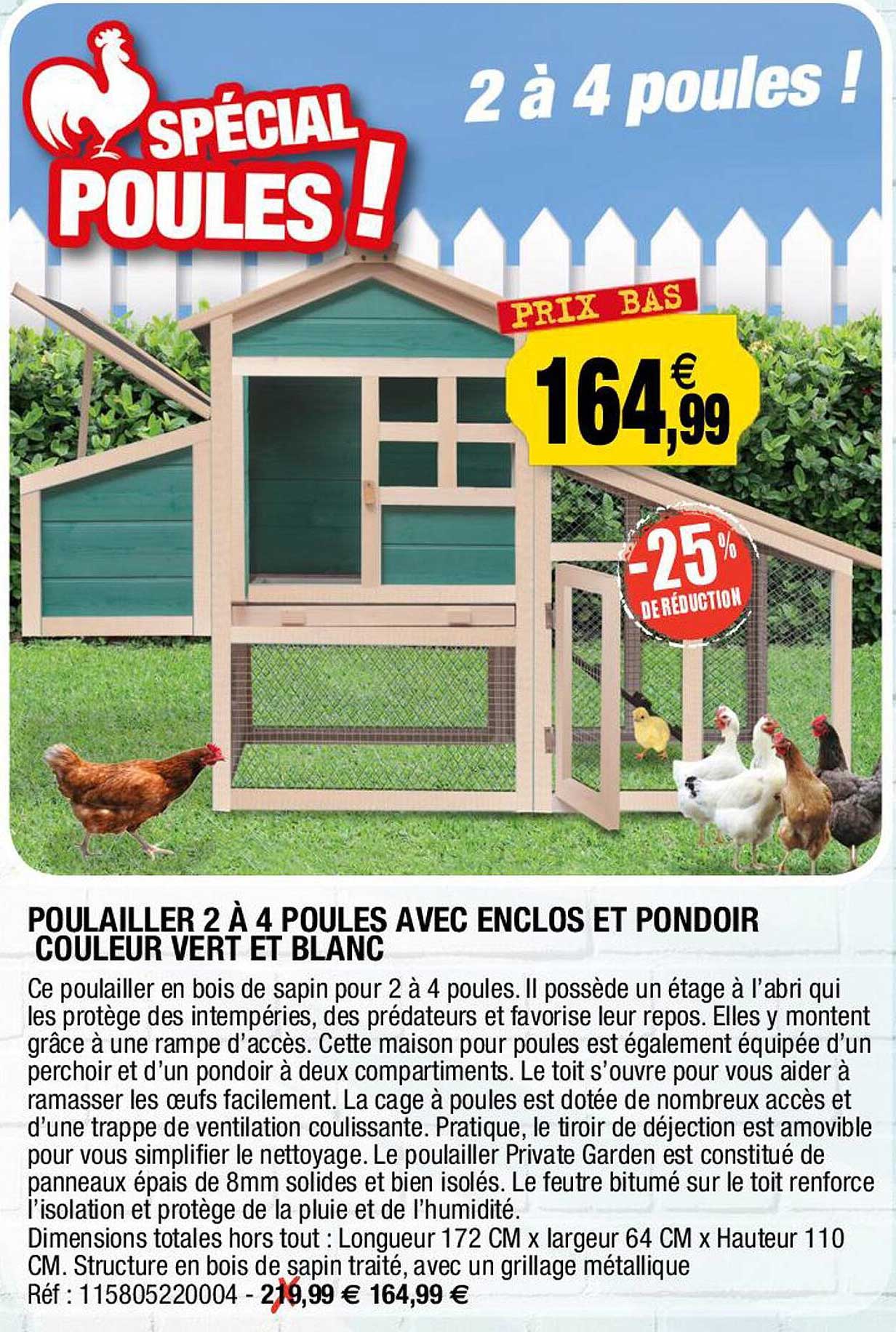 poulailler 2 à 4 poules avec enclos et pondoir couleur vert et blanc