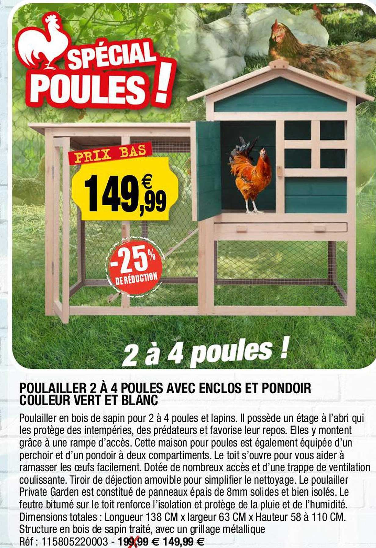 Poulailler 2 à 4 Poules Avec Enclos Et Pondoir Couleur Verte Et Blanc