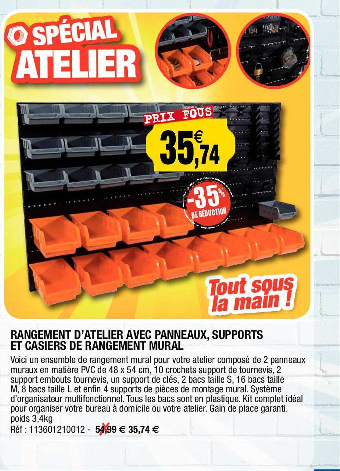 rangement d'atelier avec panneaux, supports et casiers de rangement mural