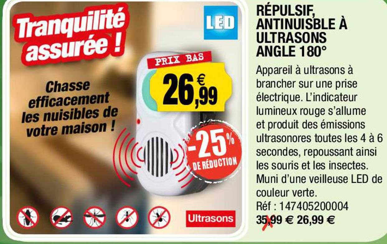 répulsif, antinuisible à ultrasons angle 180°