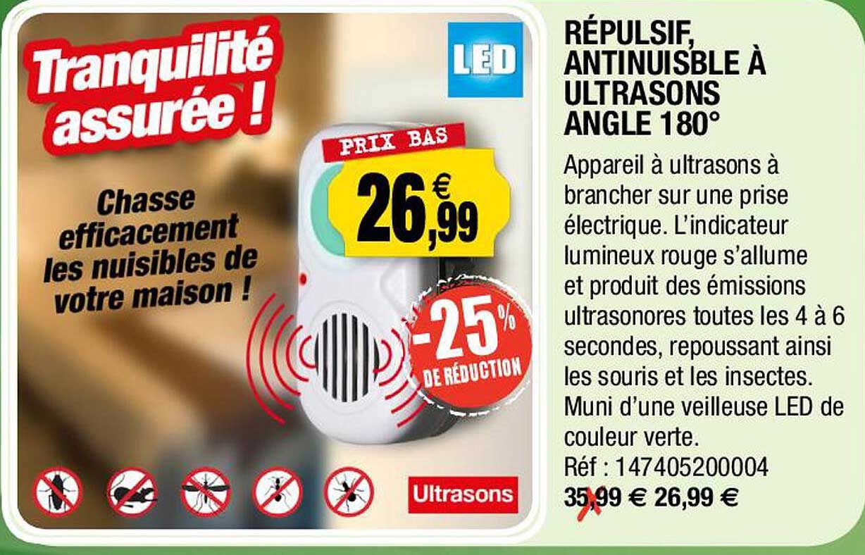 répulsif, antinuisible à ultrasons angles 180°