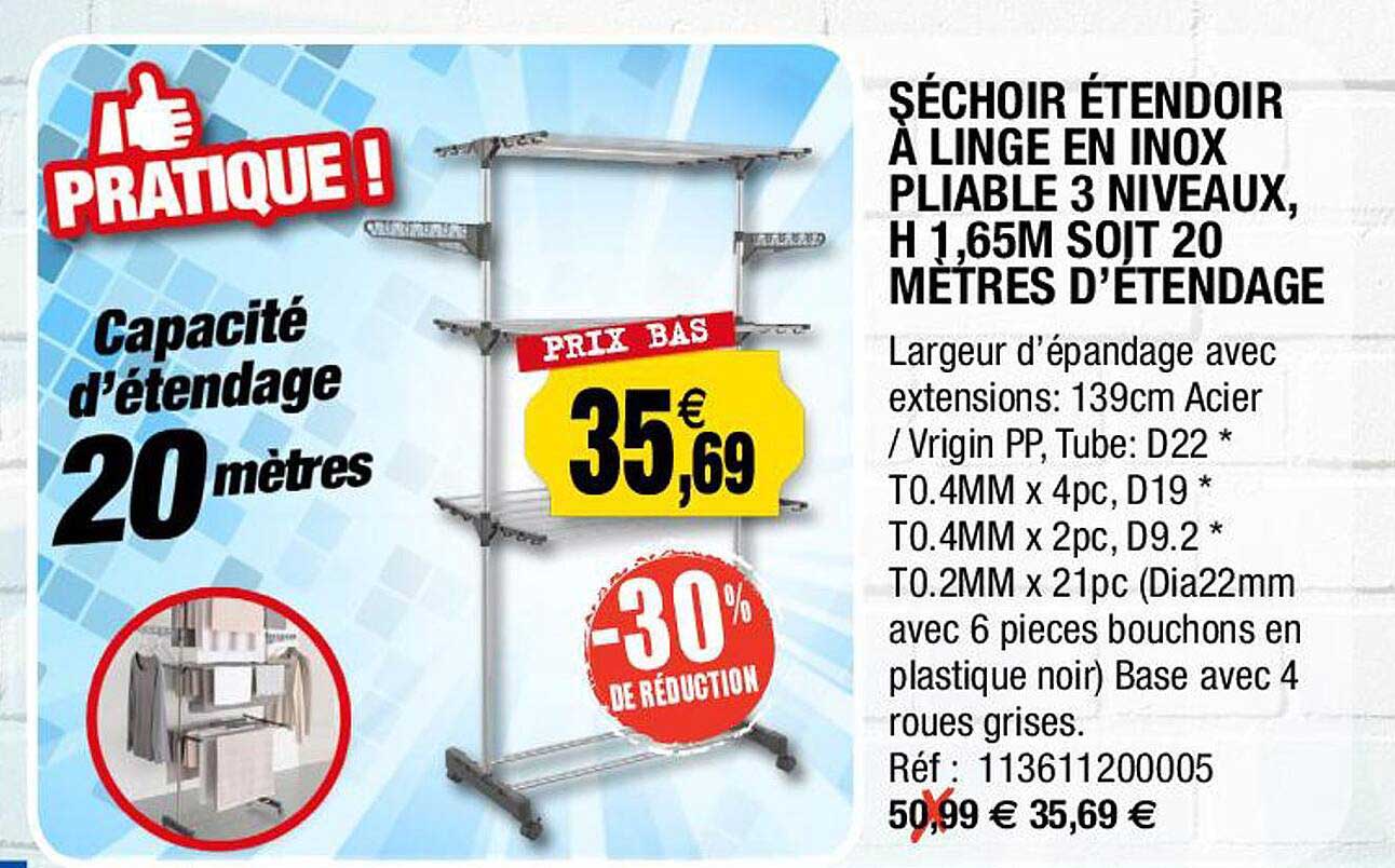 séchoir étendoir à linge en inox, pliable 3 niveaux, h 1,65m soit 20 mètres d'étendage