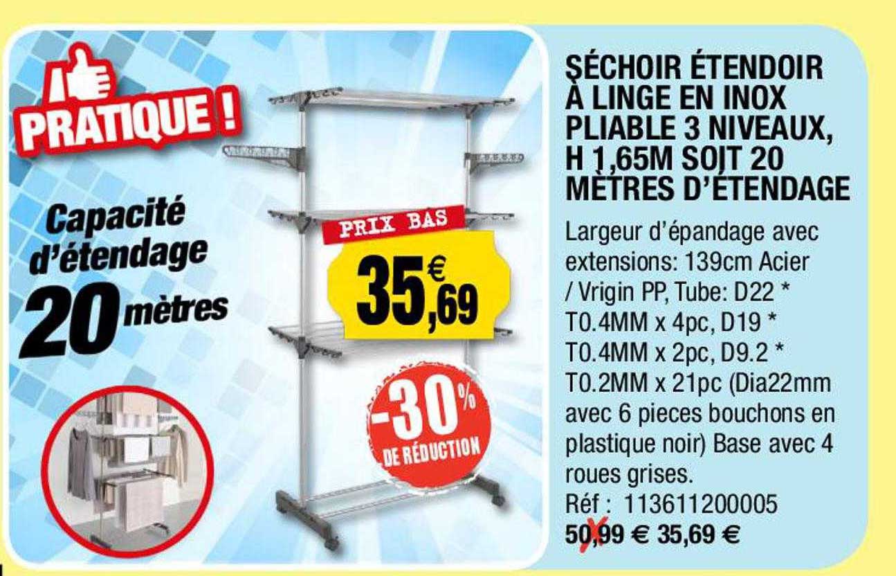séchoir étendoir à linge en inox pliable 3 niveaux, h 1,65 m soit 20 mètres d'étendage