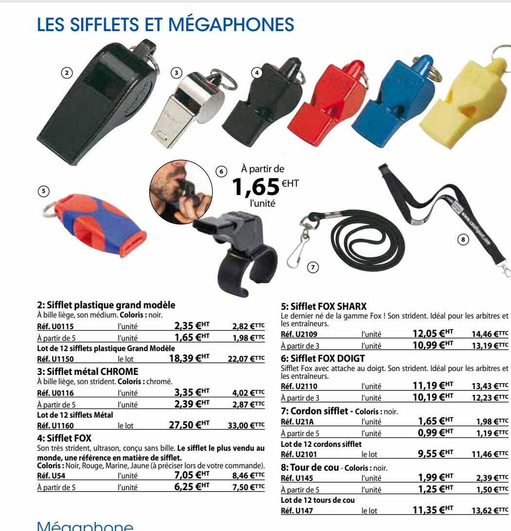 sifflet plastique grand modèle, sifflet métal chrome, sifflet fox, sifflet fox sharx, sifflet fox doigt, cordon sifflet, tour de cou
