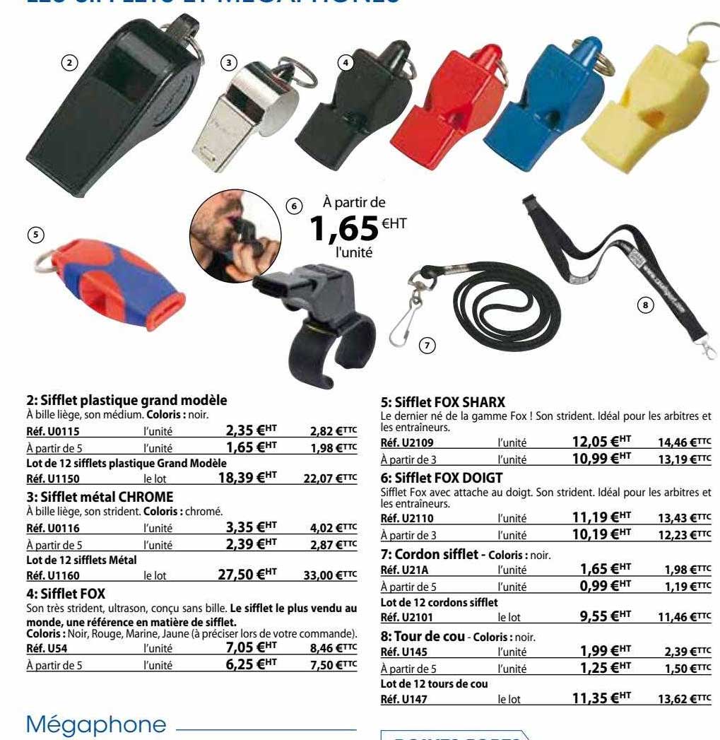 sifflet plastique grand modèle, sifflet métal chrome, sifflet fox, sifflet fox sharx, sifflet fox doigt, cordon sifflet, tour de cou