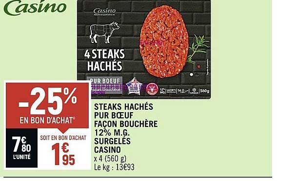 steaks hachés pur boeuf façon bouchère 12% m.g. surgelés casino