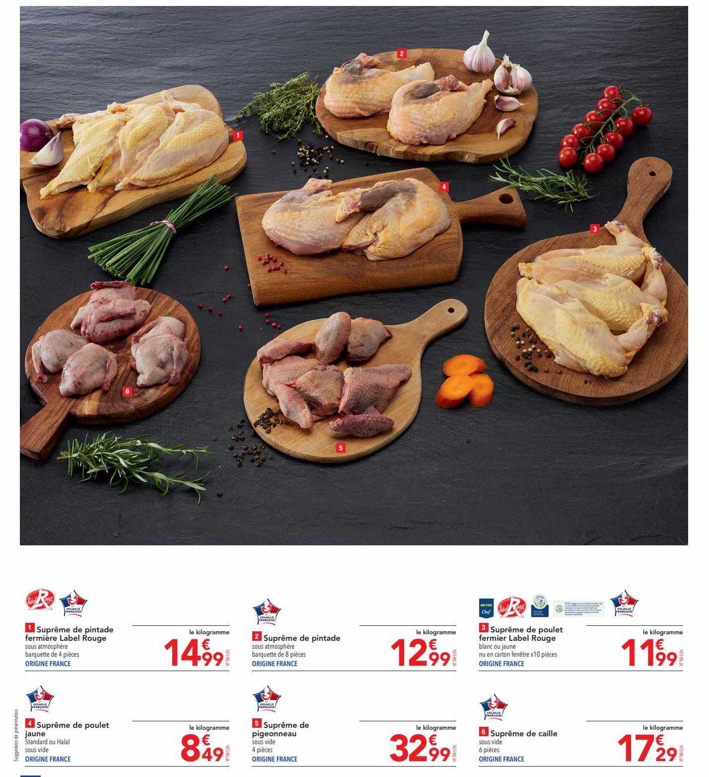 suprême de pintade fermière label rouge, suprême de pintade, suprême de poulet fermier label rouge, suprême de poulet jaune, suprême de pigeonneau, suprême de caille