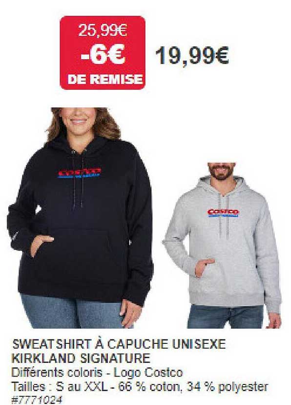 sweat shirt à capuche uni sex kirkland signature