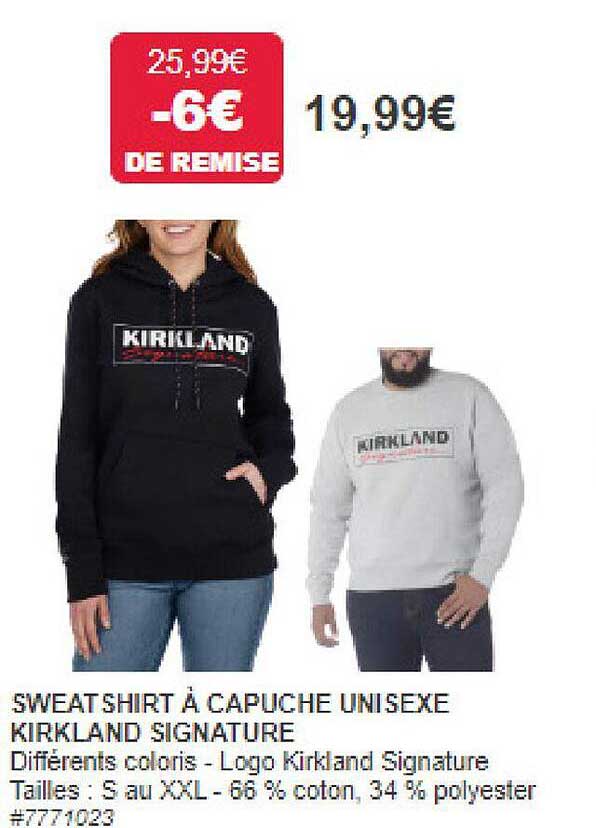 sweat shirt à capuche unisex kirkland signature