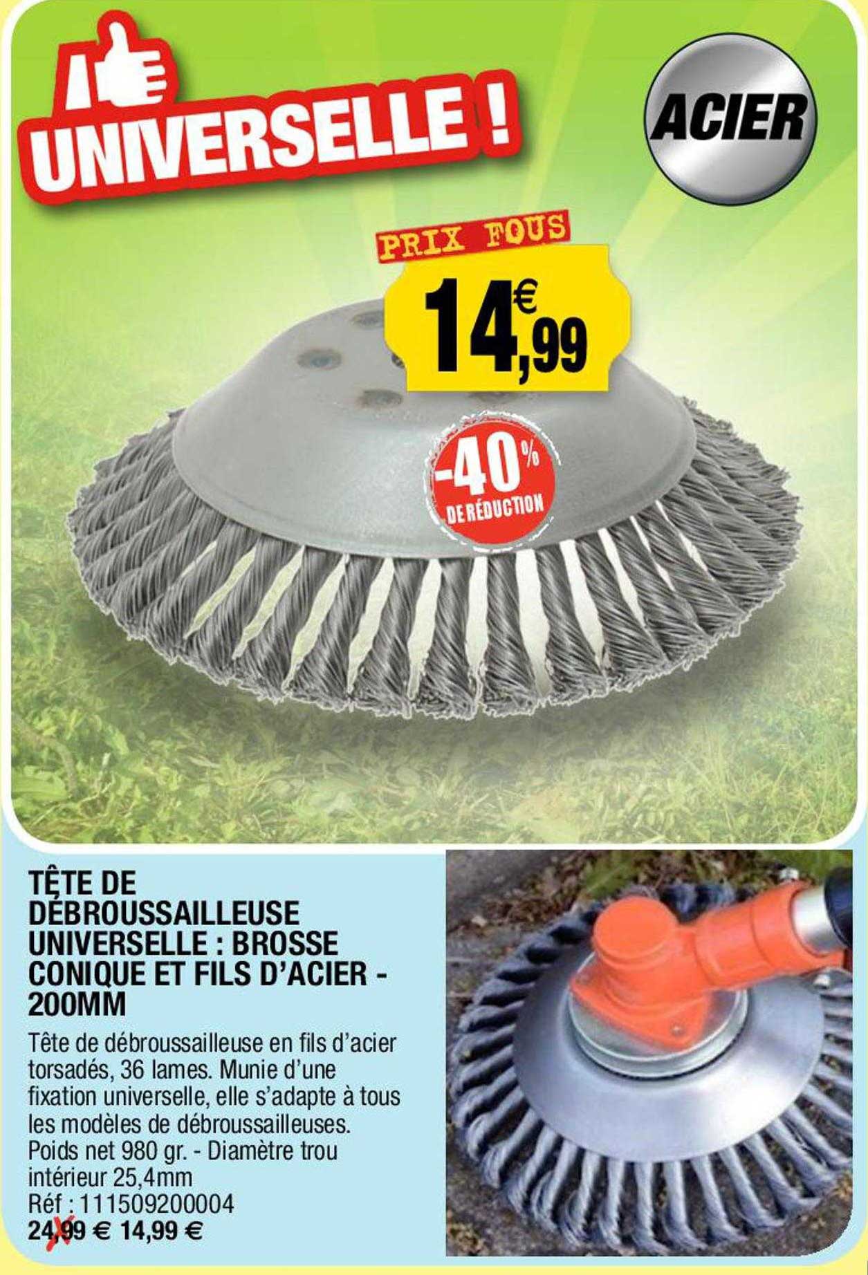 tête de débroussailleuse universelle : brosse conique et fils d'acier - 200mm