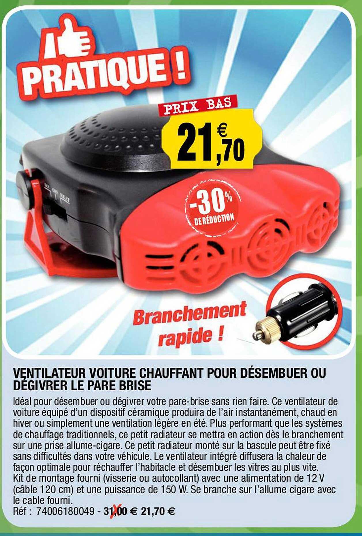 ventilateur voiture chauffant pour désembuer ou dégivrer le pare brise