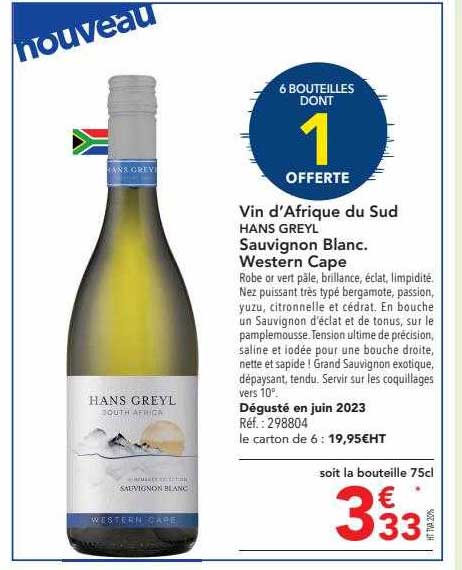 vin d'afrique du sud hans  greyl sauvignon blanc. western cape