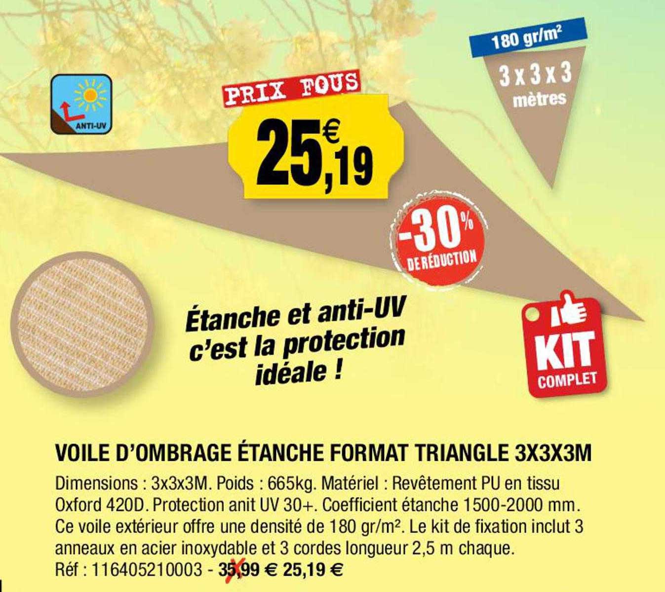 voile d'ombrage étanche format triangle 3 x 3 x 3 m