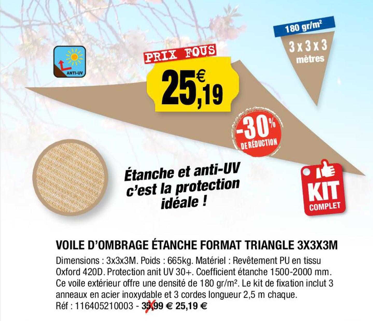 voile d'ombrage étanche format triangle 3 x 3 x 3 m