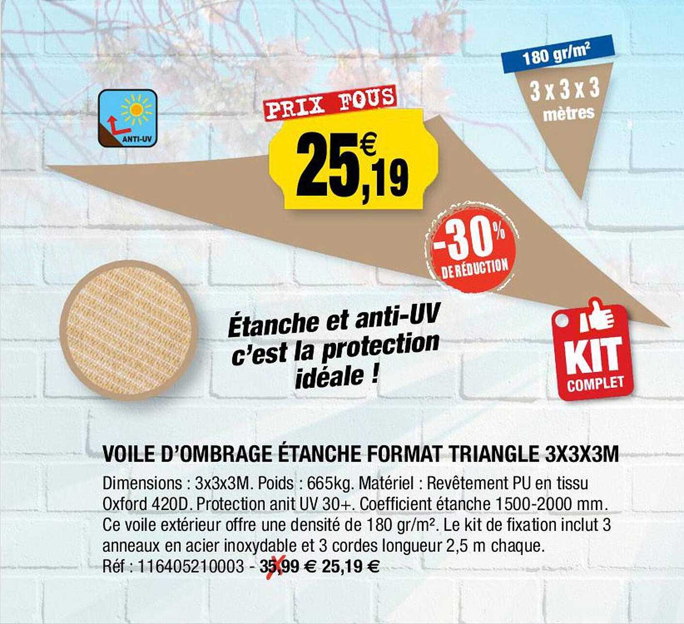 voile d'ombrage étanche format triangle 3 x 3 x 3m