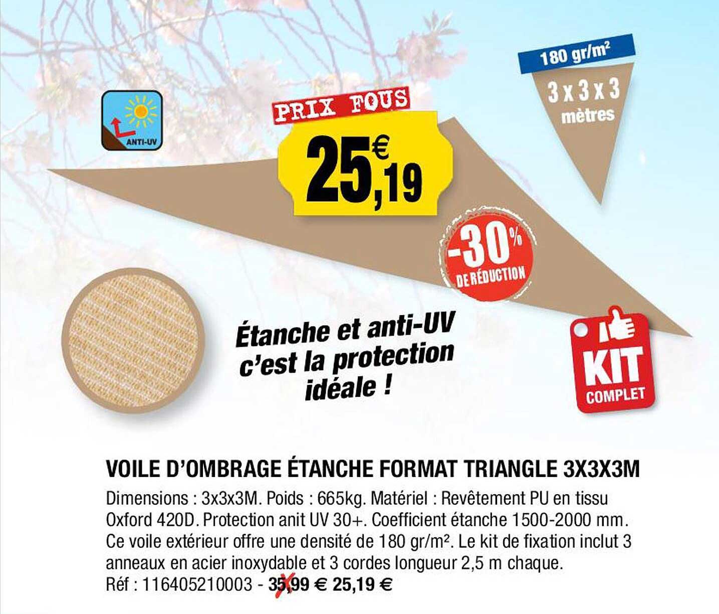 voile d'ombrage étanche format triangle 3 x 3 x 3m