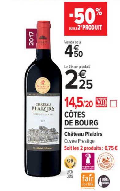 Côtes De Bourg Château Plaizirs -50% Sur Le 2e Produit